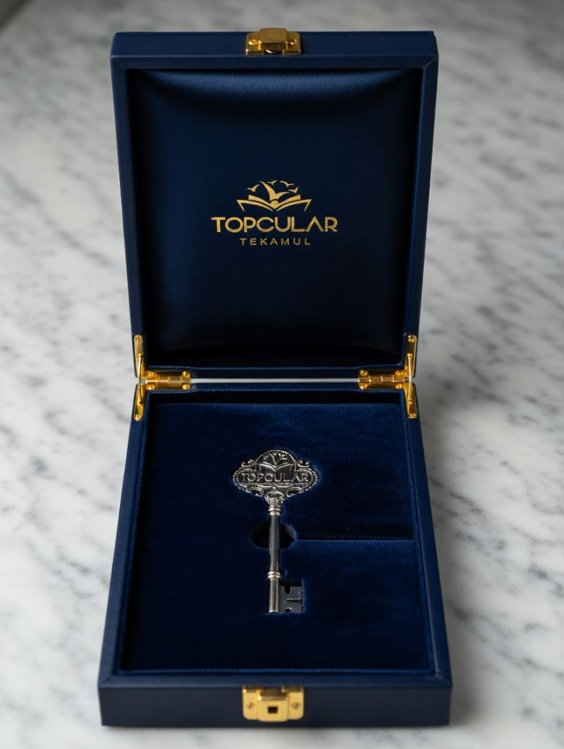 Navy leather key handover box with velvet recess
