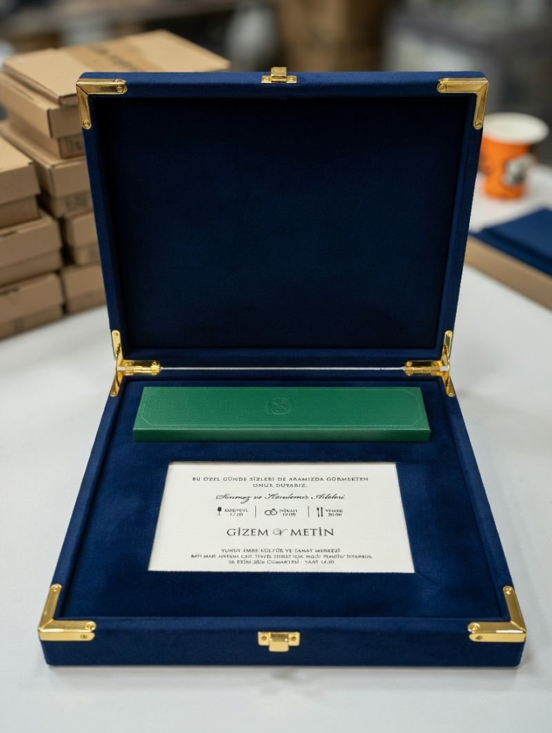 Navy leather certificate presentation box with framed document