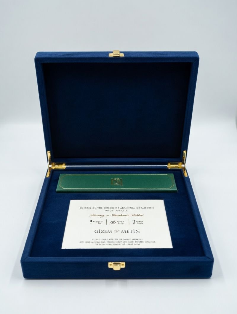 Navy velvet lined leather certificate presentation box