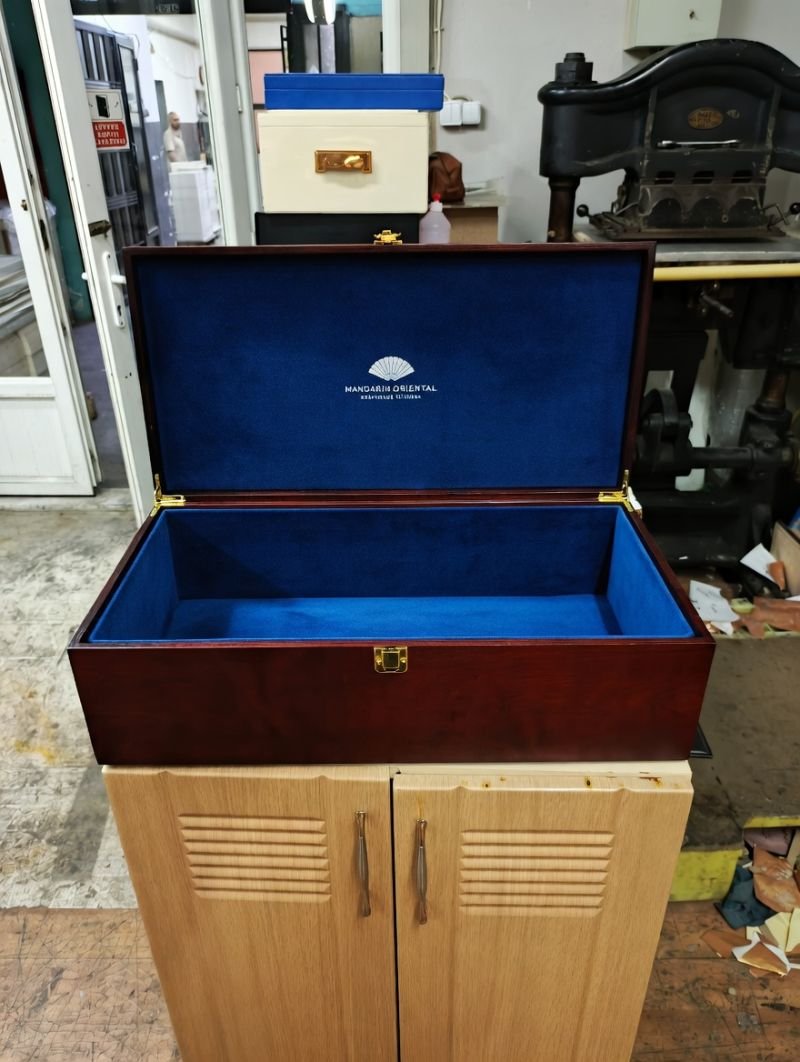 Burgundy leather gift box with navy velvet lining