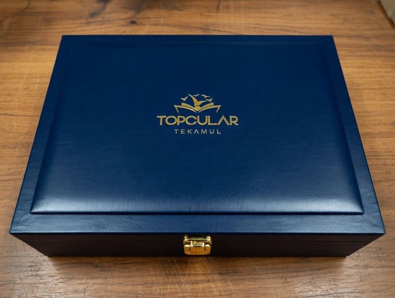 Large navy leather corporate presentation box with logo