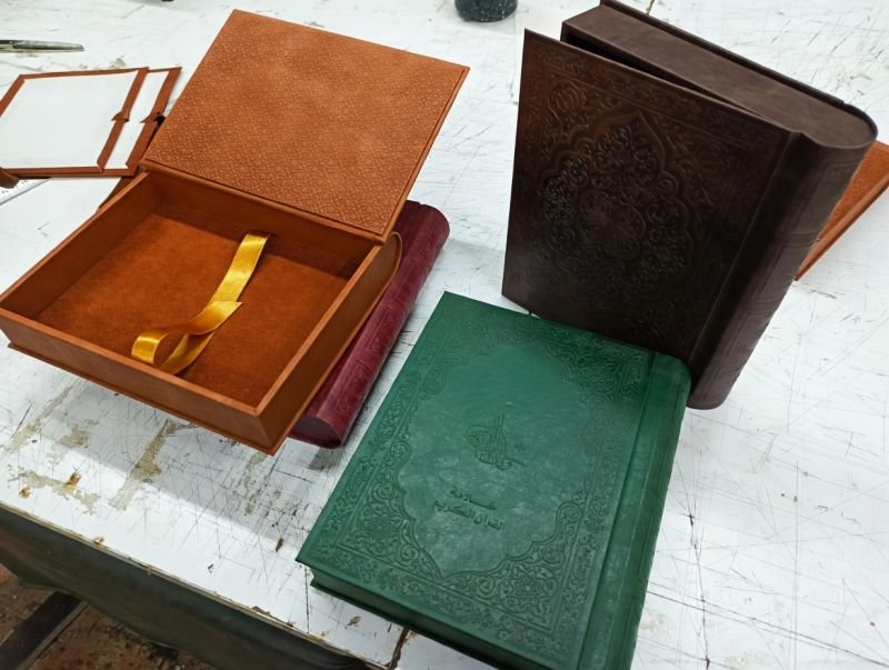 Leather desk tray with tooled leather notebooks
