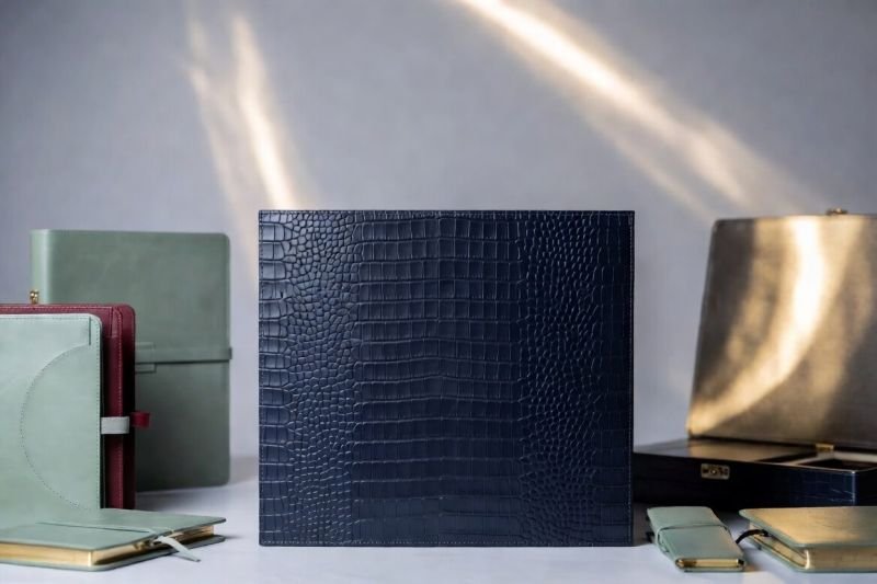 Navy croc-embossed leather portfolio with tooled leather notebooks