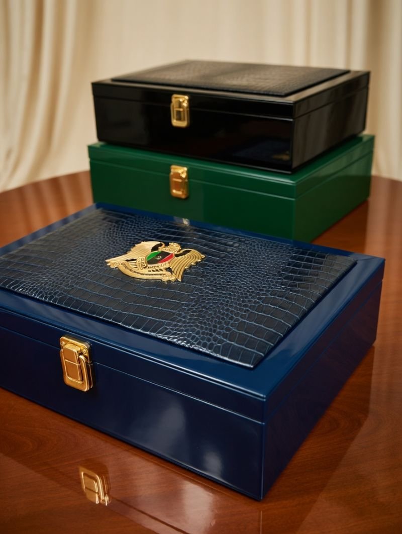 Stacked navy, green and black leather protocol gift boxes with gold emblem