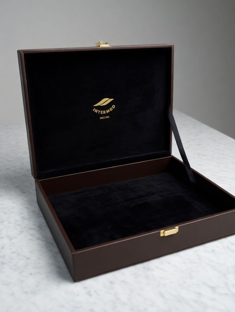 Tan leather box with velvet lined interior