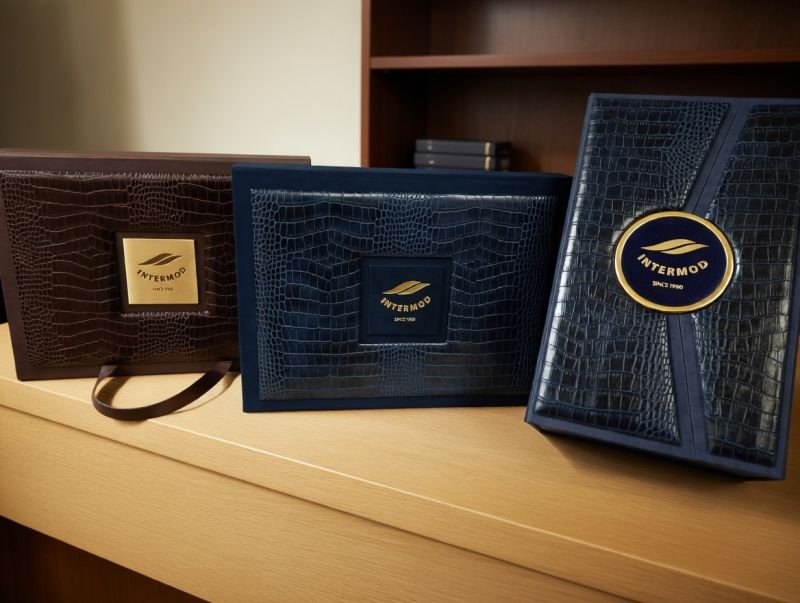 Navy croc-embossed corporate leather gift set with portfolio