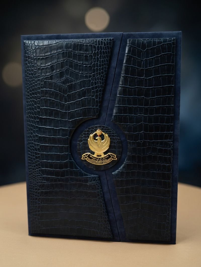 Gold emblem navy croc-embossed leather portfolio