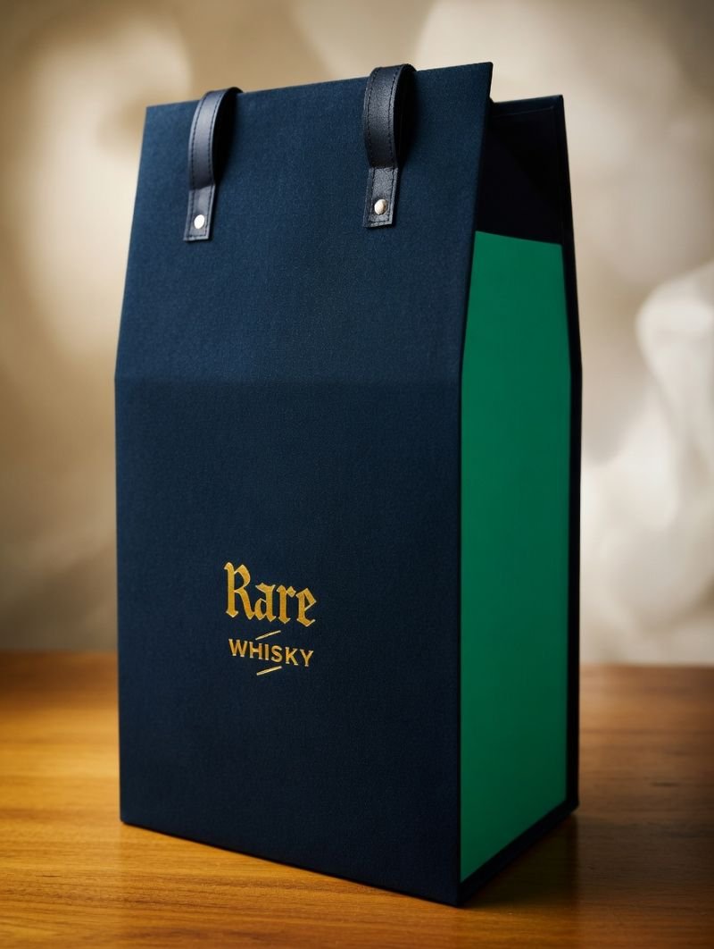 Navy branded leather bottle carrier bag
