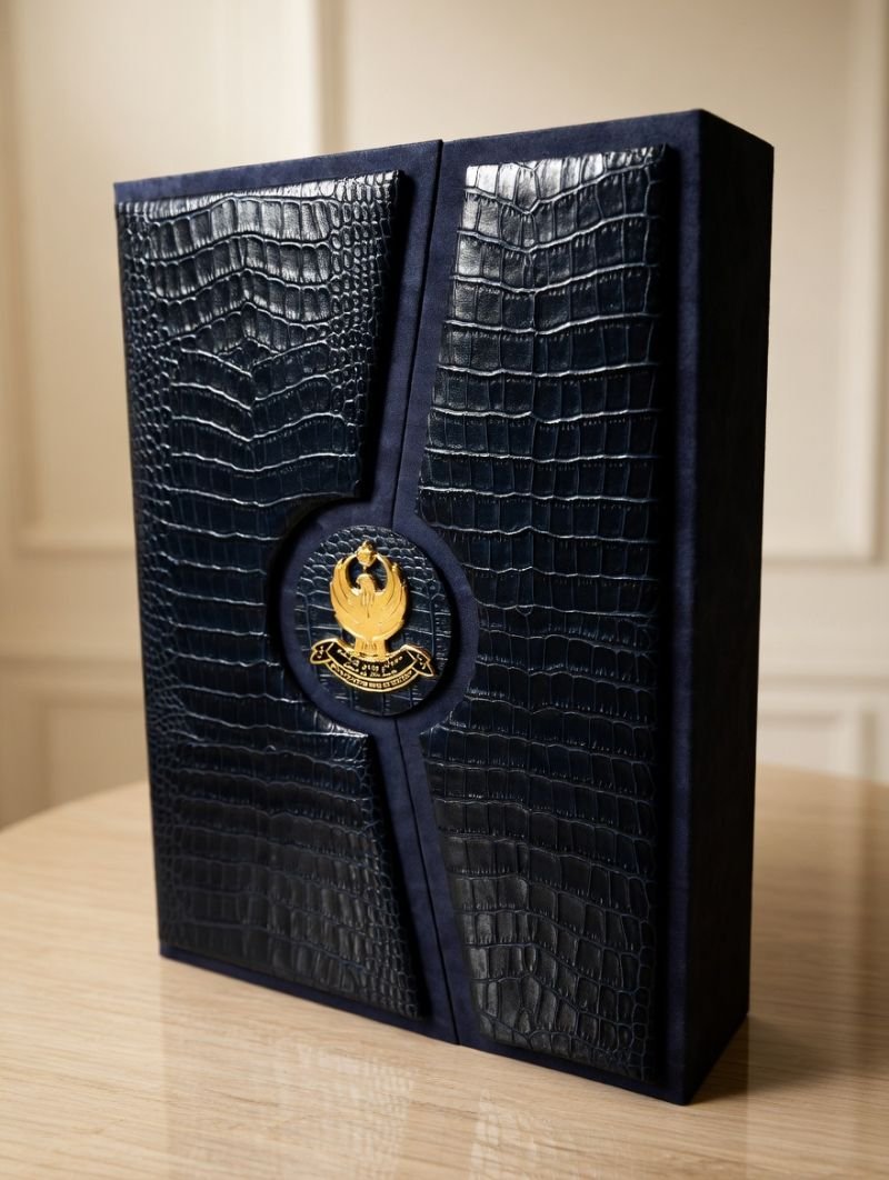 Navy croc-embossed leather protocol gift box with gold emblem detail